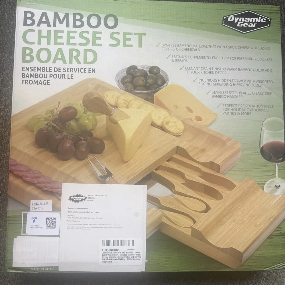 Dynamic Gear Bamboo Charcuterie Cheese Set Board 13x13